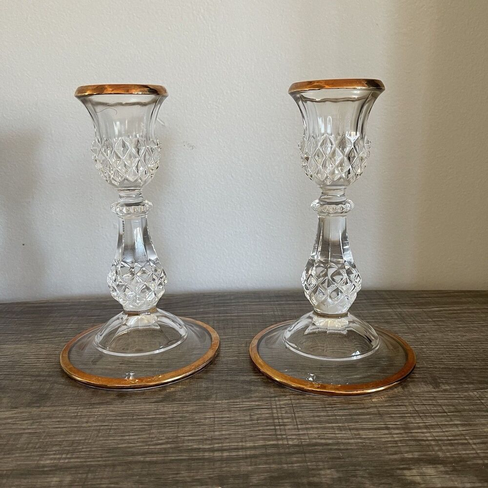 Vintage Cristal D’Arques Crystal Gold Trim Pair Candlesticks Made In France 6.5”